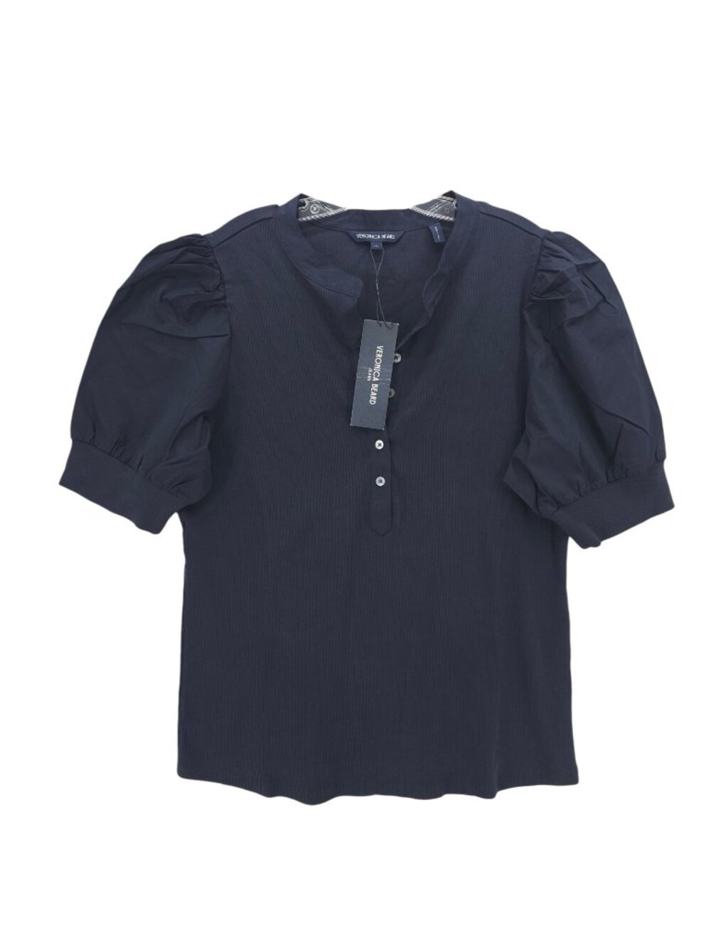 NWT VERONICA BEARD Coralee Puff Sleeve Henley Top Navy Blue Pima Cotton 2XL